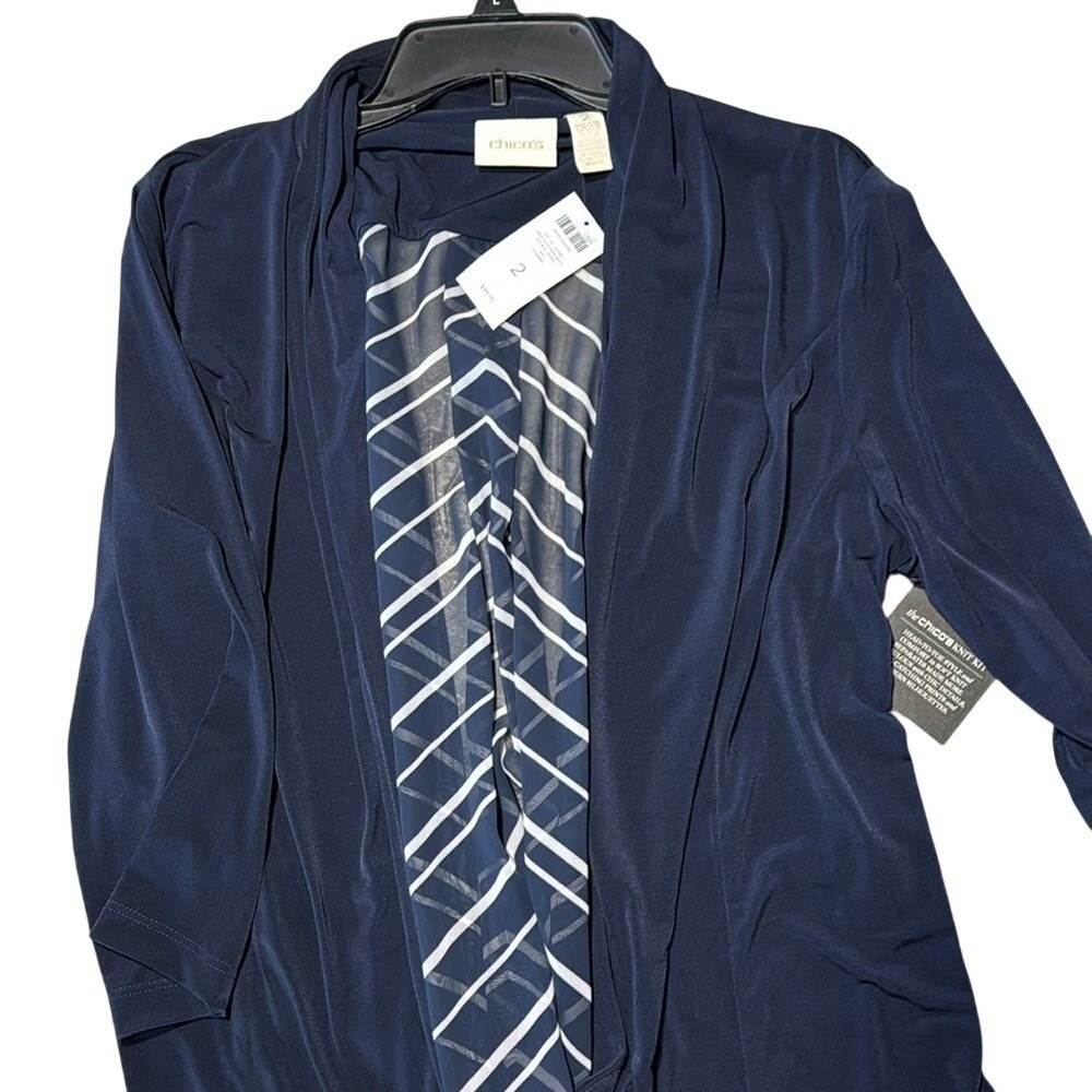 Chico's Knit Jacket Womens 2 Sheer Striped Back Navy Blue Poly 3/4 Sleeve Open L